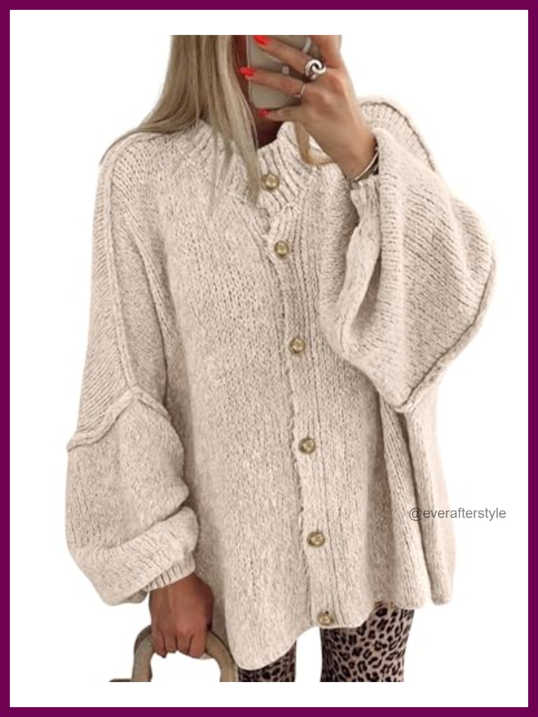 Chunky Knit Cardigan Sweater Open Front Lantern Sleeve Button Down